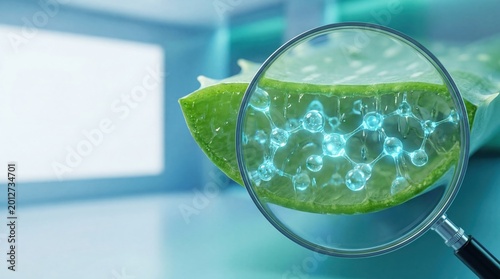 Cross-section of fresh aloe vera leaf under magnifying glass revealing glowing aqua-blue hydrating molecular structures in laboratory setting, skincare science concept