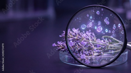 Blooming lavender flowers in petri dish under magnifying glass revealing glowing bioluminescent purple extract particles on dark laboratory background