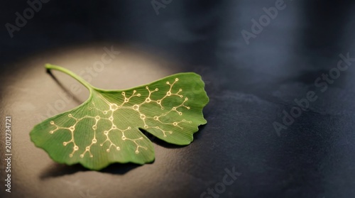 Vibrant green ginkgo biloba leaf with glowing golden molecular network resembling neural pathways on dark surface, brain health and botanical science concept