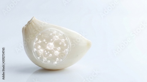 Fresh garlic clove with pearlescent allicin extract molecular structure overlay on clean white background, nutritional science and health concept