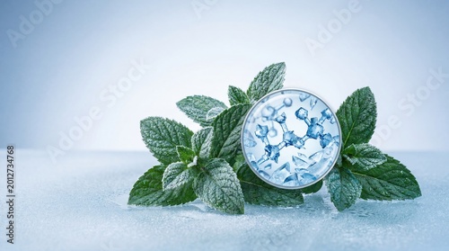 Frosted peppermint leaves with icy blue menthol molecular structure visible through magnifying lens on cool wet surface, scientific skincare concept