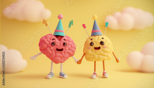 a heart and brain character dancing together, both wearing party hats with colorful