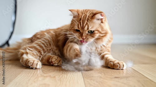 Fluffy Orange Cat Playing with Loose Fur on Wooden Floor.