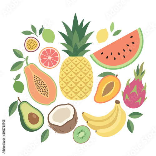 Vibrant Tropical Fruit Assortment Flat Illustration