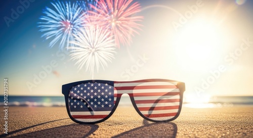 American independence day fireworks celebration on the beach with patriotic sunglasses
