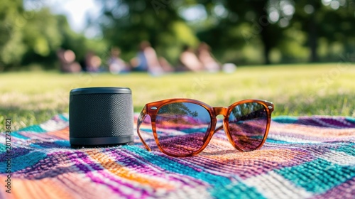 Sunglasses and speaker rest on a blanket, with blurred people in a sunny outdoor park