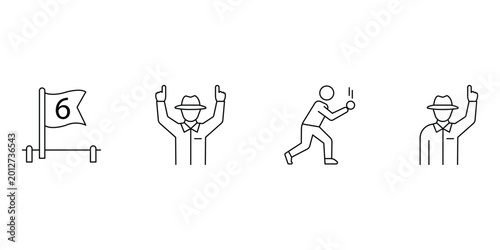 Fotografía Cricket sport rules and official signals icon set with umpire and boundary boundary flag symbols in minimalist line style