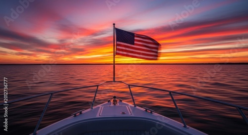 American independence day celebration us flag waving on boat during sunset