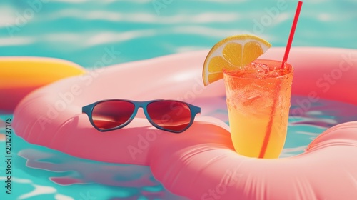 Refreshing poolside scene drink with lemon, sunglasses on float, inviting water