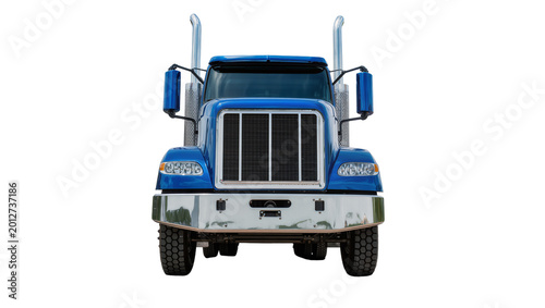 Blue semi-truck with chrome bumper and exhaust stacks, isolated on transparent background