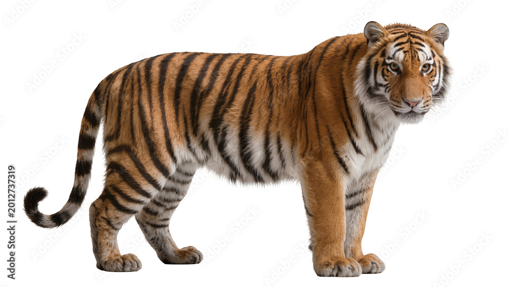 Obraz premium Majestic Bengal tiger with orange and black stripes, isolated on transparent background