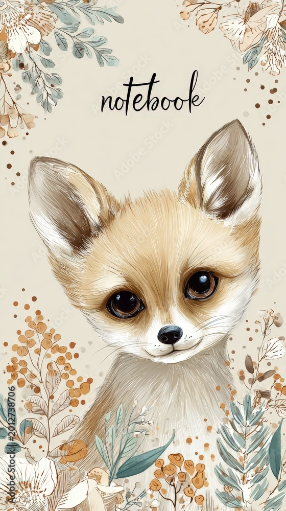Fototapeta premium Adorable fox cub gazes warmly from a soft, floral notebook cover. Botanical accents frame the design with gentle earth tones. The childlike charm invites journaling or sketching in quiet moments