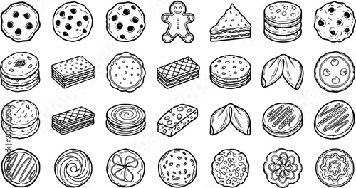 Fotografie Food Icon Set: Black  White Line Art Collection of Hand-drawn Cookies, Biscuits,