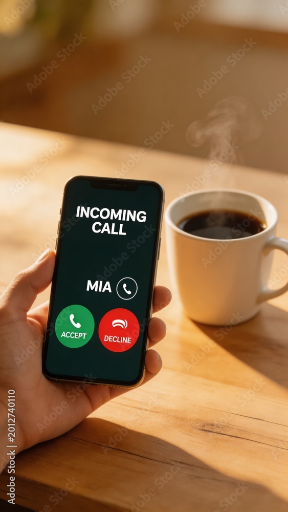 Fototapeta premium A close-up of a hand holding a smartphone with an incoming call display, beside a steaming cup of coffee on a wooden table, capturing a moment of daily life and communication in a peaceful setting.
