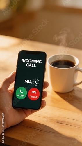 A close-up of a hand holding a smartphone with an incoming call display, beside a steaming cup of coffee on a wooden table, capturing a moment of daily life and communication in a peaceful setting.