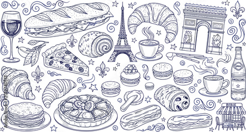Vintage Blue Line Art France Travel Vector Set Featuring Eiffel Tower Pastries Wine and Iconic Parisian Landmarks