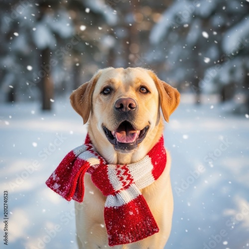 Adorable labrador retriever dog wearing red and white striped winter scarf standing in snowy forest during snowfall park.