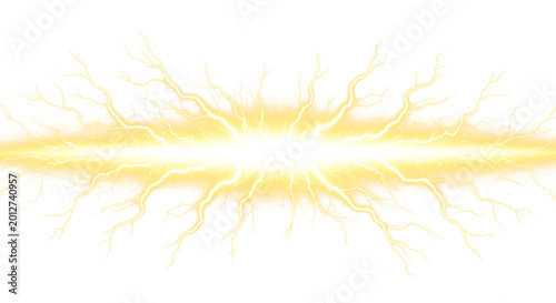 Bright golden lightning bolt explosion with glowing electric sparks on a transparent background