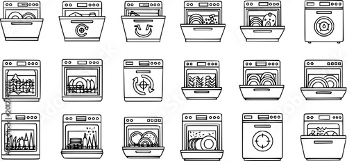 Quadro su tela Household Appliances Dishwasher Black and White Line Art Icons Set - Cleaning an