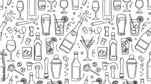 Photos Monochrome alcohol beverage seamless vector pattern with drink line illustration