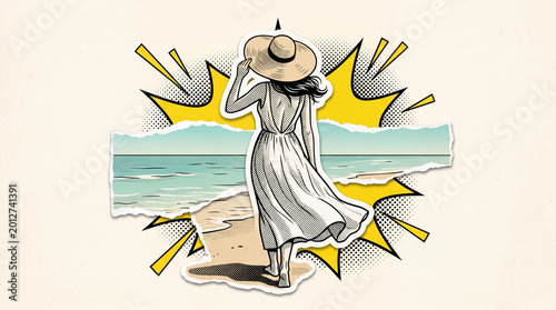 Summer Beach Vacation Pop Art Grunge Collage Illustration, Woman Walking by the Sea in Comic Halftone Travel Poster Style