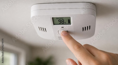 Person testing a white digital carbon monoxide detector mounted on a ceiling.