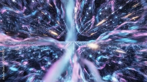 Abstract cosmic tunnel with colorful glowing particles and energy lines, representing a futuristic wormhole or hyperspace travel in a dark digital space.