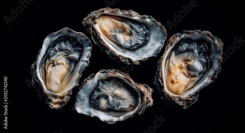 Fresh oysters on black background arranged in a clean composition; realistic seafood style ideal for restaurant menus, gourmet advertising, branding and culinary design