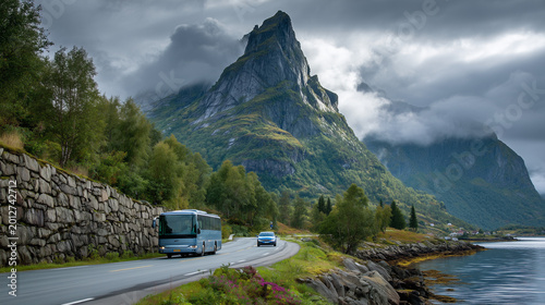 Bus driving along a scenic coastal road in Norway with dramatic mountains, fjord landscape and cloudy sky. Beautiful Nordic travel destination with nature, adventure and transportation concept