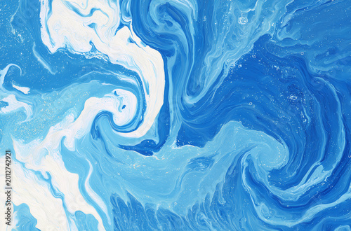 Abstract blue and white fluid painting with swirling marble texture; modern artistic background ideal for branding, wallpapers, packaging, digital design and creative visuals