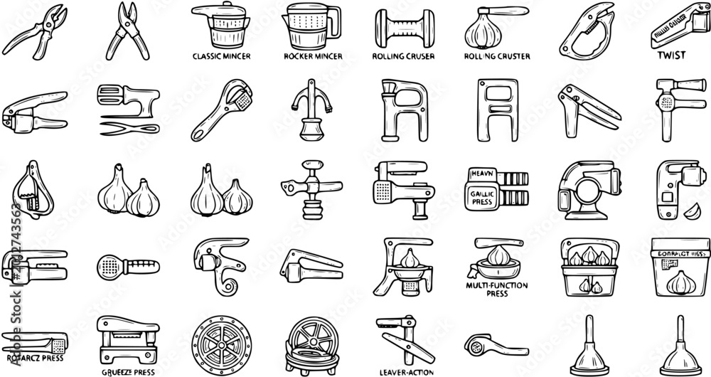 Fototapeta premium Black and White Line Art Icons of Kitchen Gadgets for Food Preparation and Cooking