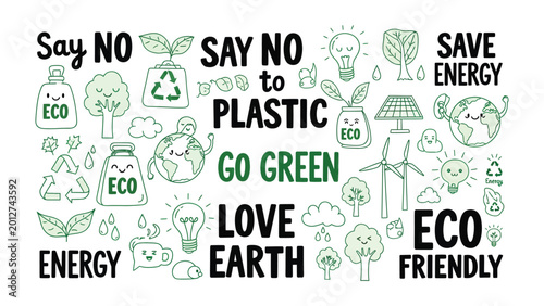 Fotografi Eco-Friendly Message: A collection of charming, hand-drawn icons and lettering promoting eco-consciousness and a greener planet