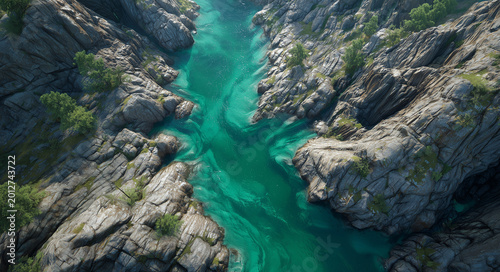 Aerial view of emerald river winding through rocky forest canyon; vivid natural style, symbolizing purity and wilderness, ideal for travel ads, eco branding, nature backgrounds and outdoor themes