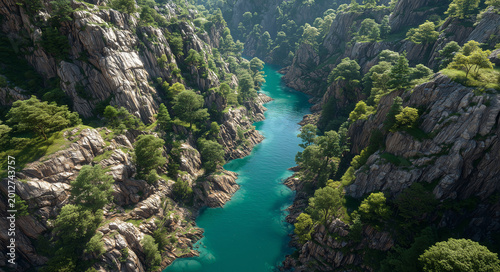 Aerial view of emerald river winding through rocky forest canyon; vivid natural style, symbolizing purity and wilderness, ideal for travel ads, eco branding, nature backgrounds and outdoor themes