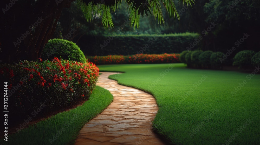 Fototapeta premium Serene Garden Pathway Surrounded by Lush Greenery and Vibrant Flowers in Tranquil Landscape Setting