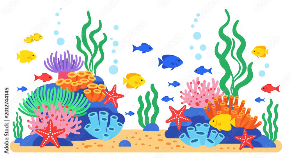 Fototapeta premium Vibrant coral reef ecosystem bustling with diverse marine life and colorful fish gracefully swimming through an underwater wonderland, showcasing healthy ocean biodiversity