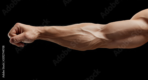 Muscular male arm with visible veins and clenched fist isolated on black background. Strength, fitness and anatomy concept with detailed forearm muscles and powerful body aesthetics