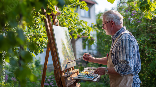Senior male artist painting outdoors in a lush garden during golden hour. Peaceful creative hobby scene with watercolor palette, easel and natural sunlight, representing art therapy, retirement lifest