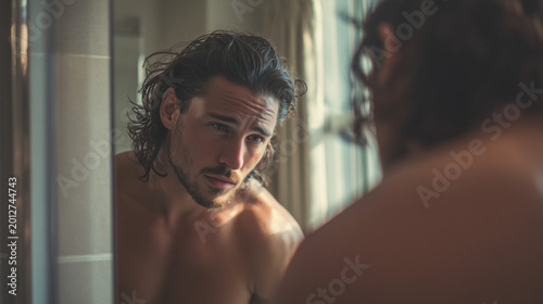 Man examining hair in mirror; clean realistic style, concept of dandruff, hair loss and male grooming, ideal for shampoo ads, dermatology content, wellness campaigns and personal care branding