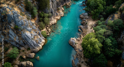 Aerial view of emerald river winding through rocky forest canyon; vivid natural style, symbolizing purity and wilderness, ideal for travel ads, eco branding, nature backgrounds and outdoor themes