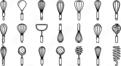Photos Black and White Line Art of Various Whisks and Kitchen Utensils for Food Prepara