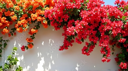 Bougainvillea plants with abundant pink and orange flowers