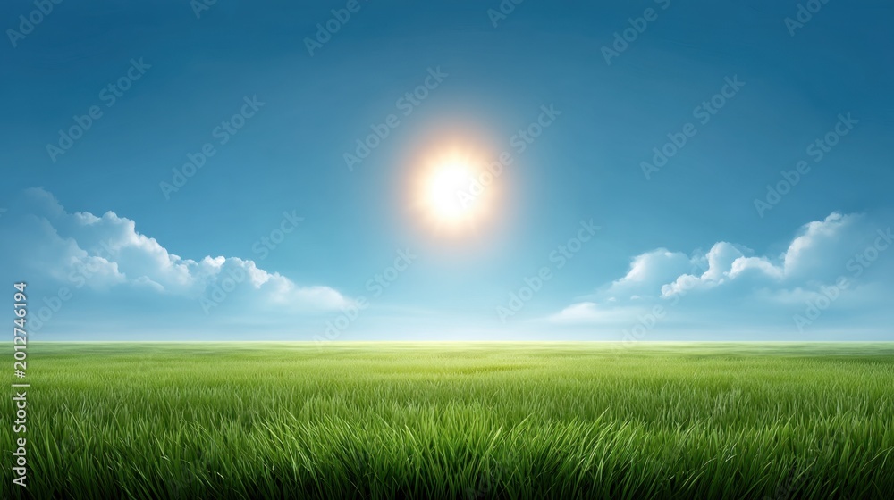 Fototapeta premium Bright Sun Over Lush Green Grass Field Under Clear Blue Sky with Soft White Clouds in Background Creating a Peaceful and Serene Landscape Atmosphere