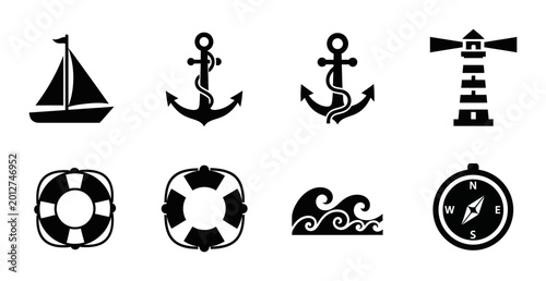 Fotografía 8 Nautical icons anchor sailboat lighthouse compass lifebuoy, outline solid styl