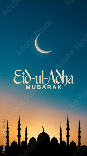 Eid ul adha mubarak greeting card with crescent moon and mosque silhouette at sunset, a festive islamic holiday celebration