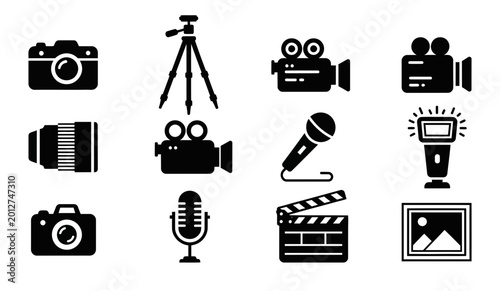 Canvastavla 12 Photography icons including camera, tripod, video recorder and microphone, ou