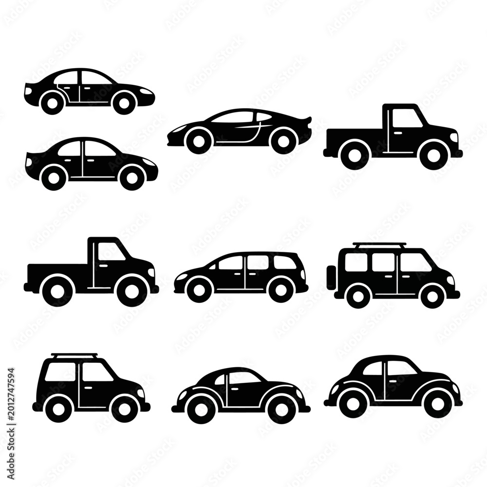Naklejka premium Diverse Car Silhouettes Collection: Sedans, SUVs, Trucks, Sports Cars