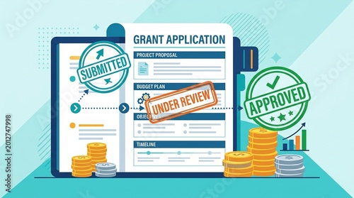 Grant funding application grant application form document with stamps and coins