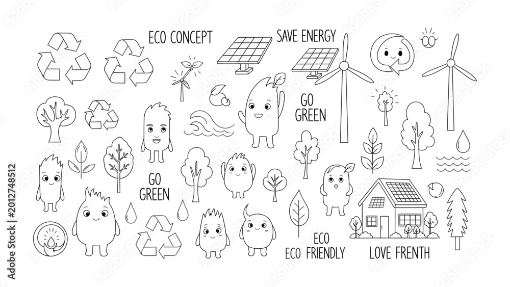 Fototapeta premium Eco-Friendly Illustrations: A collection of charming, hand-drawn illustrations that embody eco-consciousness and promote environmental sustainability. Featuring solar panels, wind turbines.