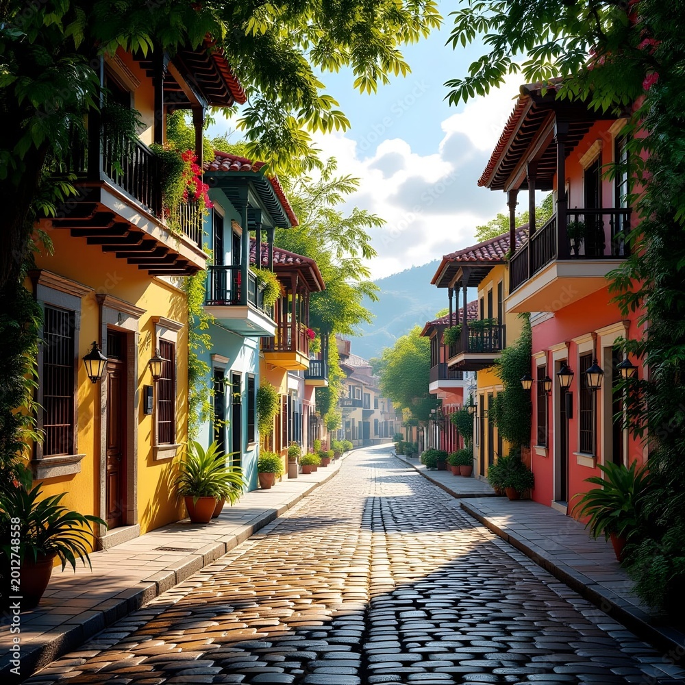 Fototapeta premium colorful colonial buildings and historic cobblestone street